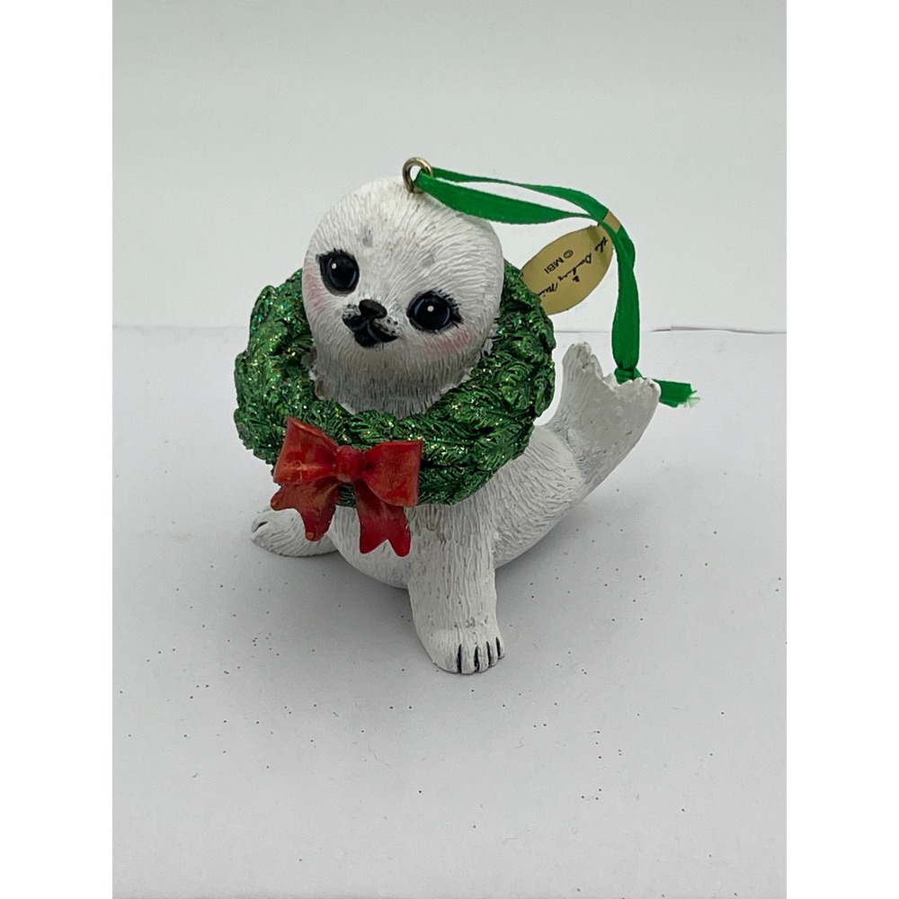 MBI The Baby Animal Ornaments Seal White Christmas Wreath Red Bow Holiday Decor
